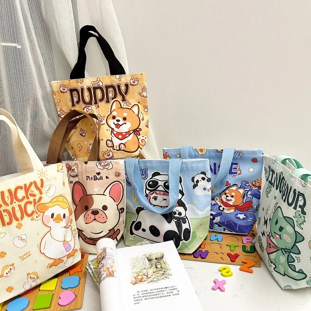 Portable Canvas Storage Tote Bag Cute Cartoon Printed Small Handbag Reusable Picnic Food Lunch Bag Kids Daily Sundries Organizer