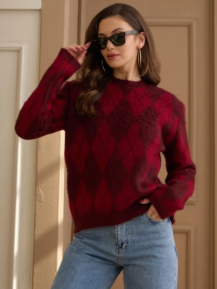 ZBZA Women's Knitted Argyle Sweater Casual O-Neck Long Sleeve Brushed Effect Pullover Knit Sweater Fall Winter New Female Jumper