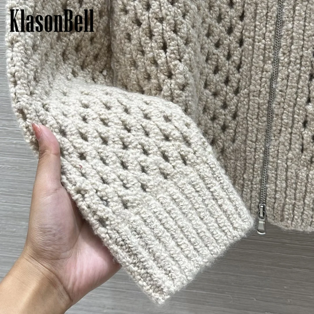 9.8 KlasonBell Women Elegant Bead Chain Crochet Hollow Out Zipper Cardigan Soft Comfortable Wool Knit Long Sleeve Casual Coat