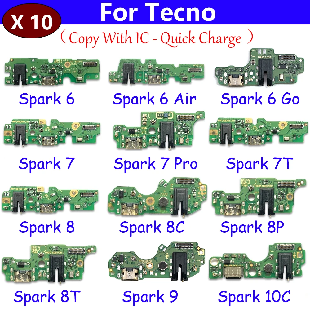 10Pcs, USB Charge Port Dock Connector Charging Board Flex Cable For Tecno Spark 5 6 Air 7 7T 8 8C 8P 8T 10C 9 Pro Go 2022 2023