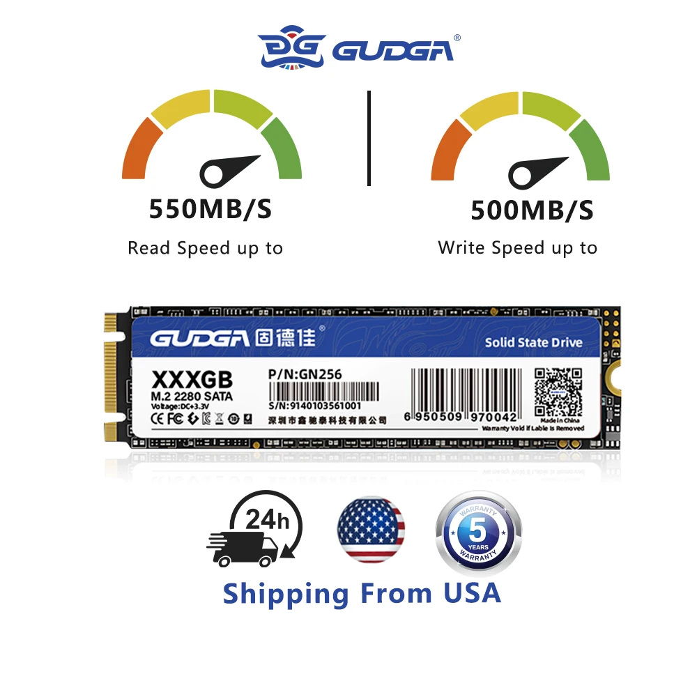 GUDGA M2 NGFF SSD SATA 128GB 256GB 512GB 1TB 2280 550MB/S M.2 Internal Solid State Hard Drive for Laptop/Desktop/PC