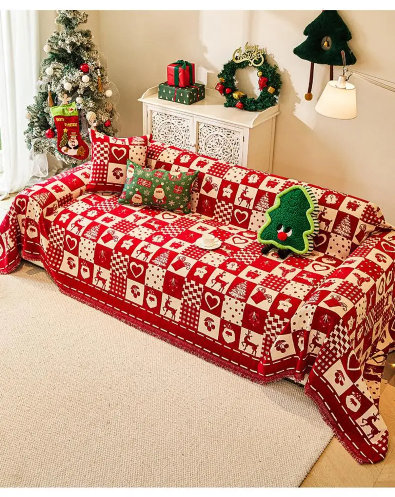 Weihnachtlicher Einteiliger Sofabezug Handtuch Chenille Rotes Karomuster Universelle Sofabezüge Festliche Komplette Decke Sofabezug-Stoff – Detail 5