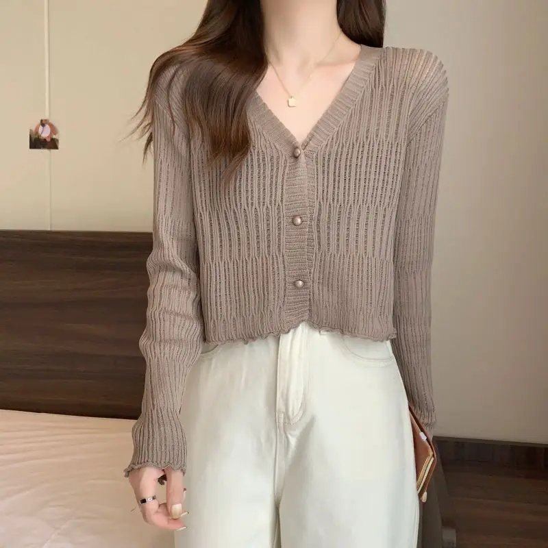 Long Sleeve V Neck Fashion Cardigan Casual Elegant Women Y2K Chic Holiday Korean Clothing Butterfly White All Match Cute Tops