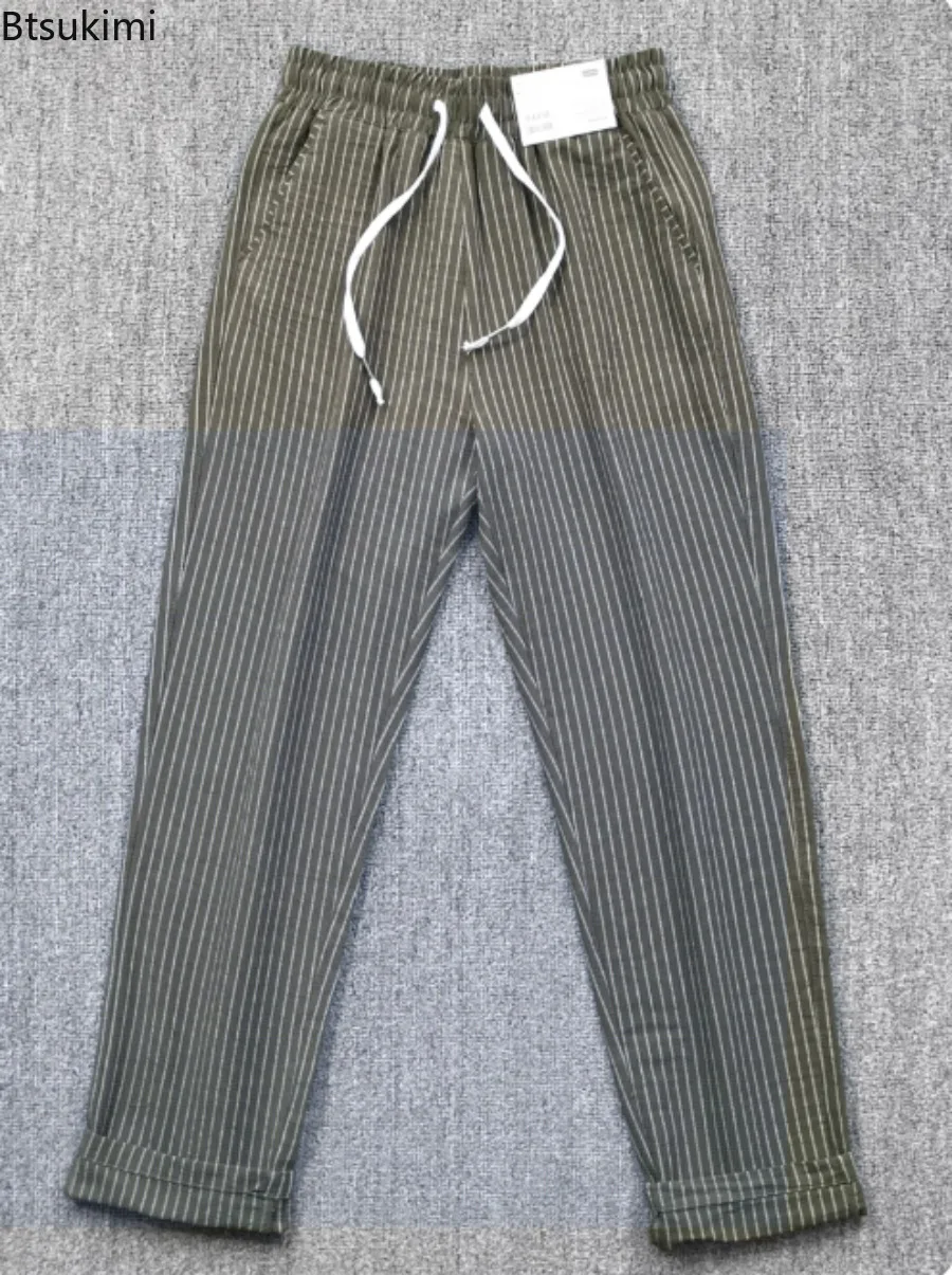 Japanese Style Striped Trousers Washed Seersucker Texture Men's Loose Thin Breathable Trendy Casual Pants Elastic Long Trousers