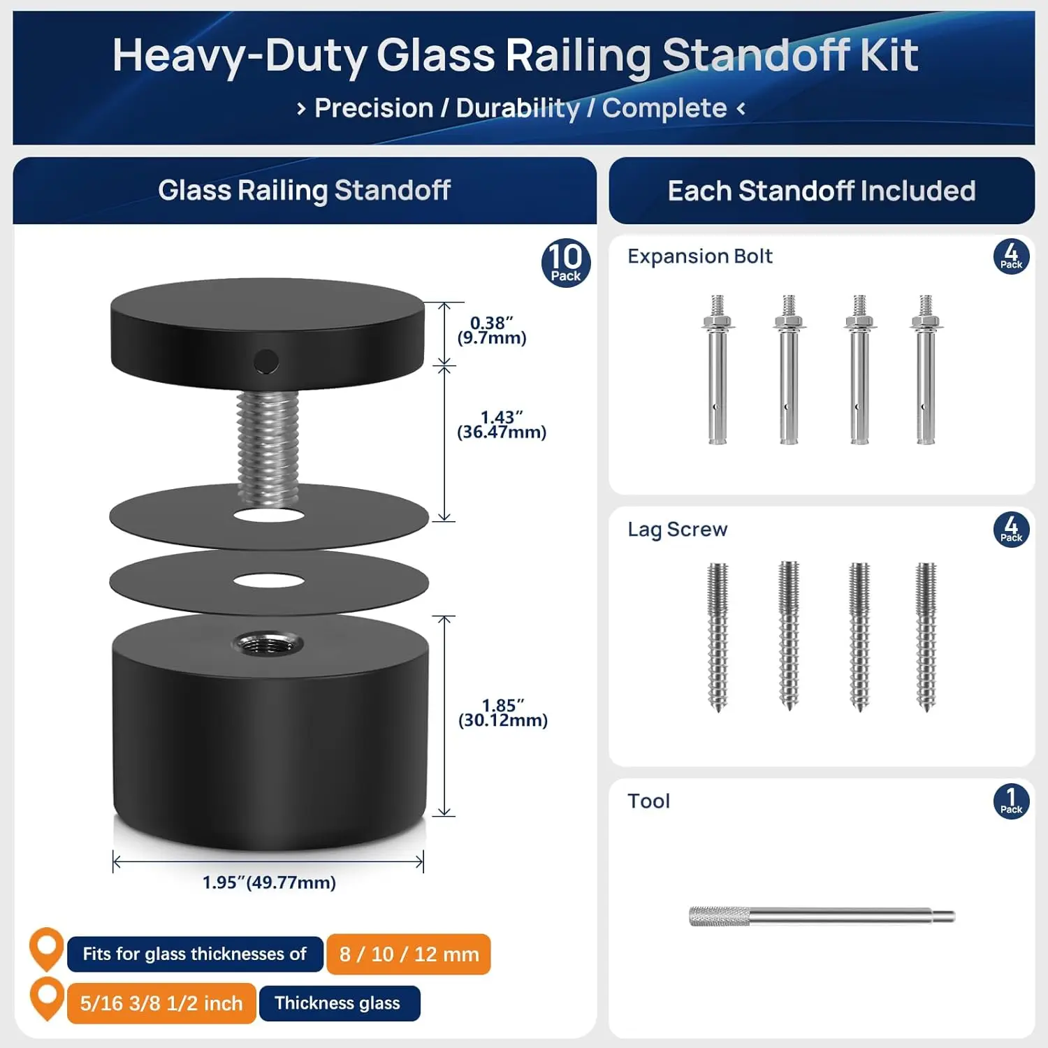 10 Pack Marine Grade SS316 Solid 1.32lb Heavy Duty Glazen Reling Standoff voor Balkon Trap Balustrade Beugel, 2 "Gla