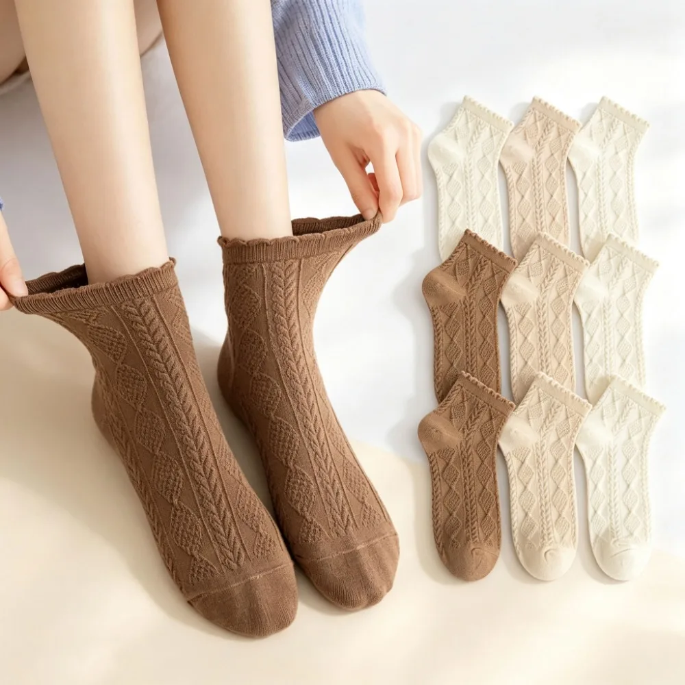 1 Pair Cute Sweet Lolita Socks for Women, Summer Thin Cotton Gradient Solid Color Ruffle‑Edge Fashion Socks