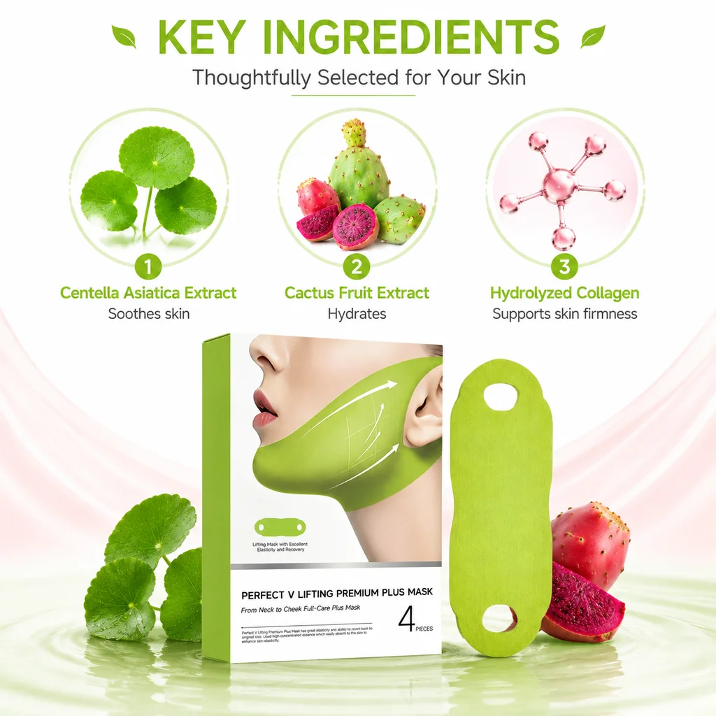 4 Pcs V Line Jawline Care Mask Face Contour Sheet Mask Ear Hook Facial Mask Neck Cheek Moisturizing Centella Asiatica Extract
