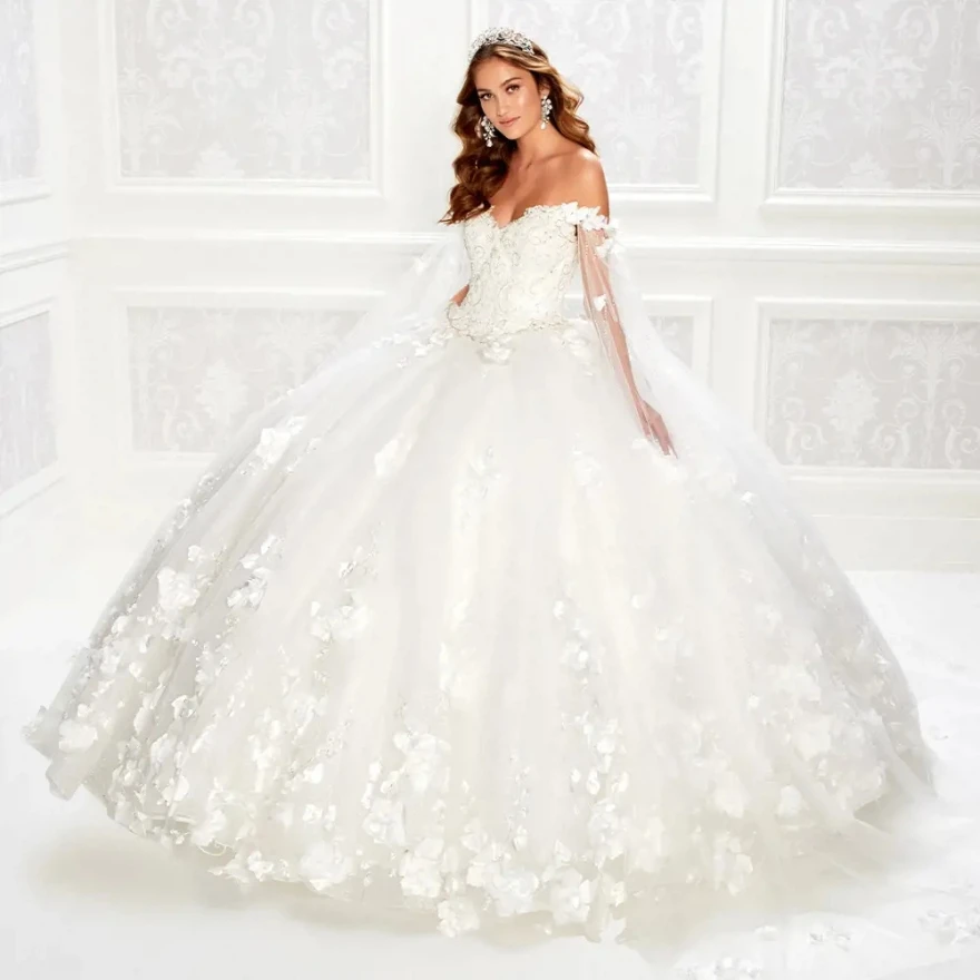 Robes de mariage de couleurs personnalisées, robe de RhQuinceanera, appliques de fleurs 3D en dentelle, perles avec cape, Sweet 16, Mexique