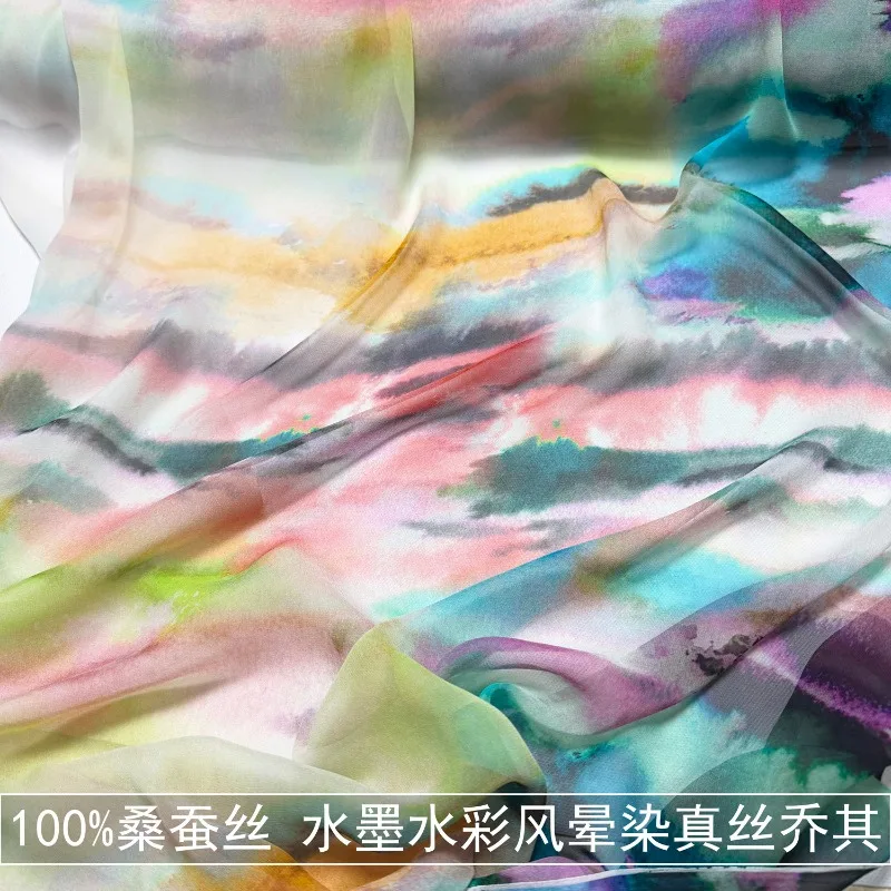 1Meter 100% Mulberry Silk Watercolor Bloom Printed Fabric Dress Fabric Summer