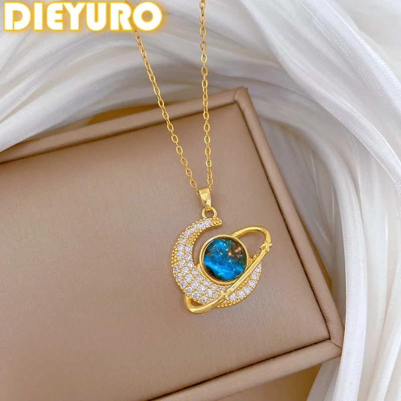 DIEYURO 316 Stainless Steel Moon Inlay Rhinestone Blue Galaxy Star Pendant Necklace Lady Waterproof New Trend Neck Chain Jewelry
