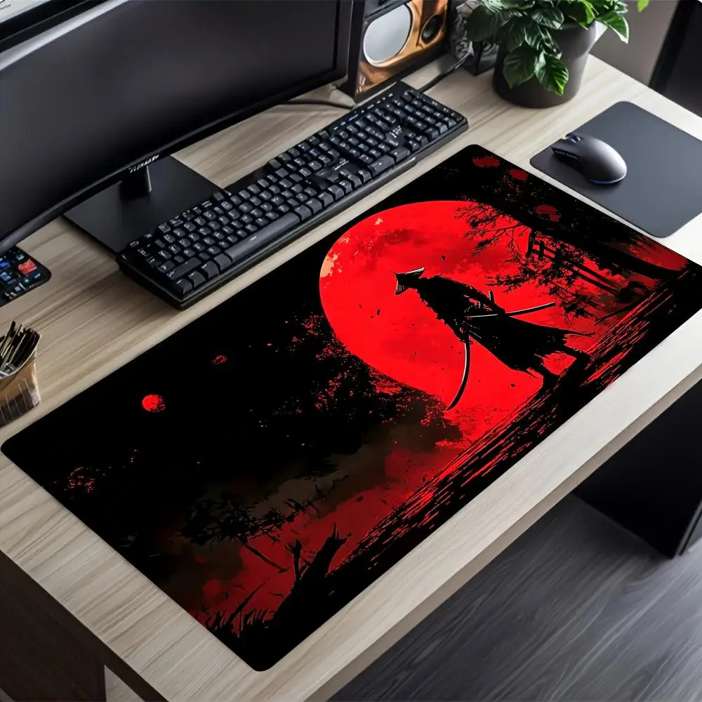 Samurai Red Moon Crows Mouse Pad Large Gaming Mats Setup Playmat Office Desk Accessories Carpet Rug Desk Mat Mousepad Speed