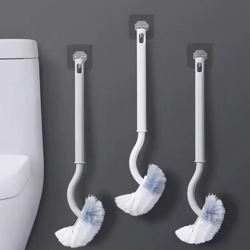 Toilet Brush Long Handle Curved Bowl Cleaning Brush Dual Bristles Wall‑mounted Bathroom Toilet Cleaner Household Cleaning Tool