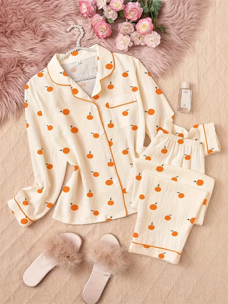 Student Cute Home Night Wears for Sleeping 2 pcs Nightgown Korean Style AutumnWinter Pajama Sets Women Sleepwear Orange Print