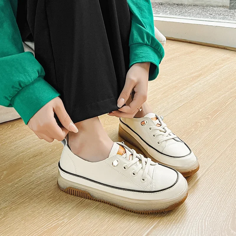 ZXRYXGS Sales Promotion Top Layer Cowhide Leather Shoes Woman Flats 2024 New Spell Color Round Toe Casual Sneakers Trend Shoes