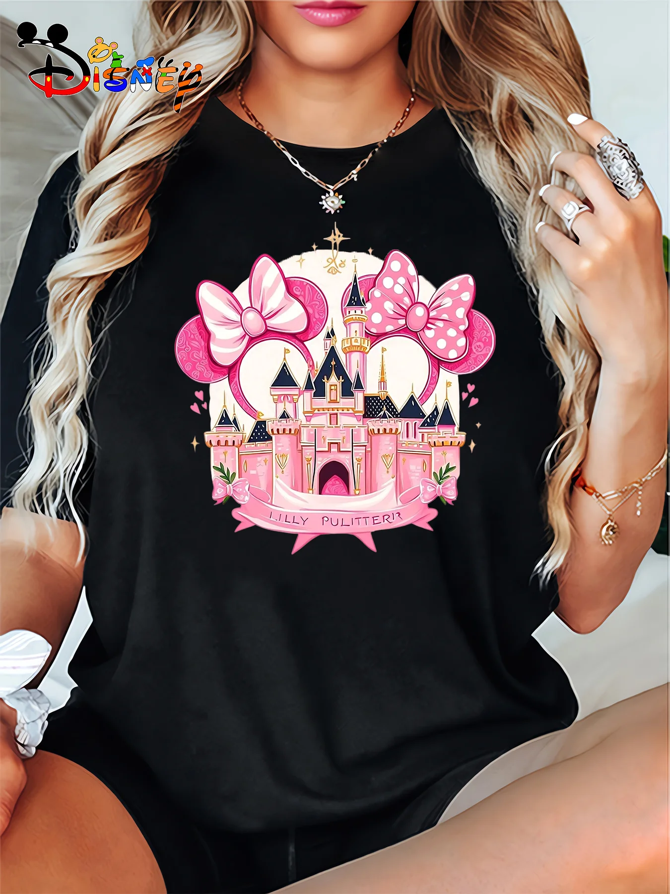 

2025 Disney Pattern Printed Women's Casual Comfortable Unique Smiling Face Black Round Neck Short Sleeve T-shirt