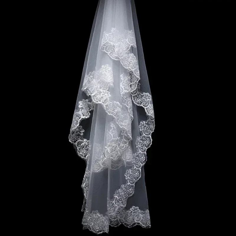 Women 150cm Bridal Short Wedding Veil White One Layer Lace Flower Edge Appliques 2025