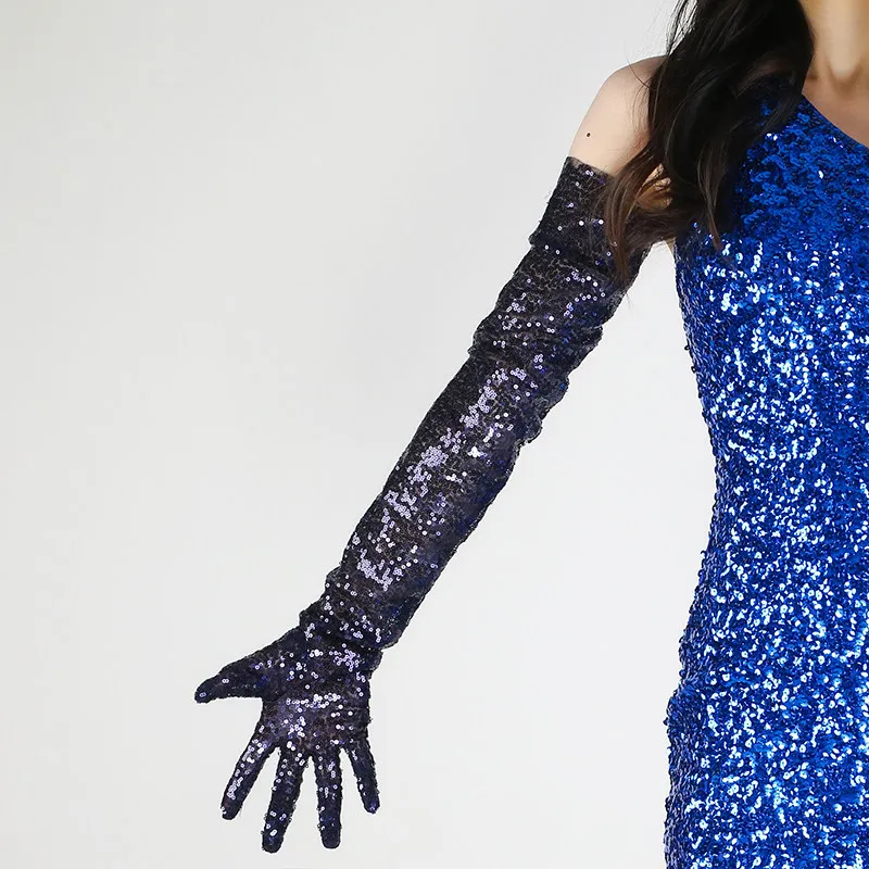 70 cm lange Pailletten-Handschuhe für Damen, Tüll-Spitzen-Mesh, halbtransparent, weiß, technisches Silber, grün, elegante Armstulpen, sexy, leicht – Detail 19