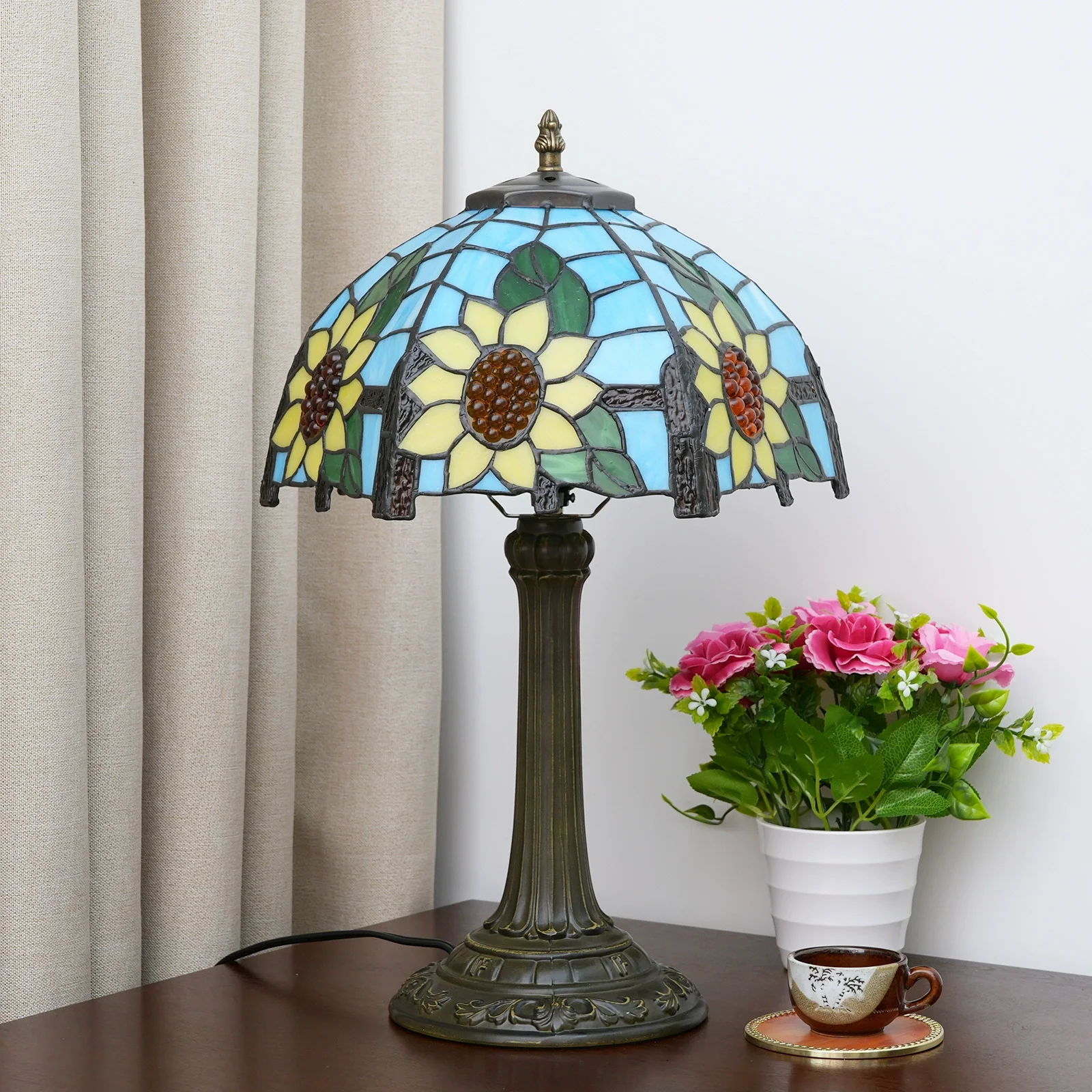 12inch Household Living Room Sofa Table Lamp Stained Glass Lamps Pastoral Sunflower Style Tiffany Mosaic Desk Lamp