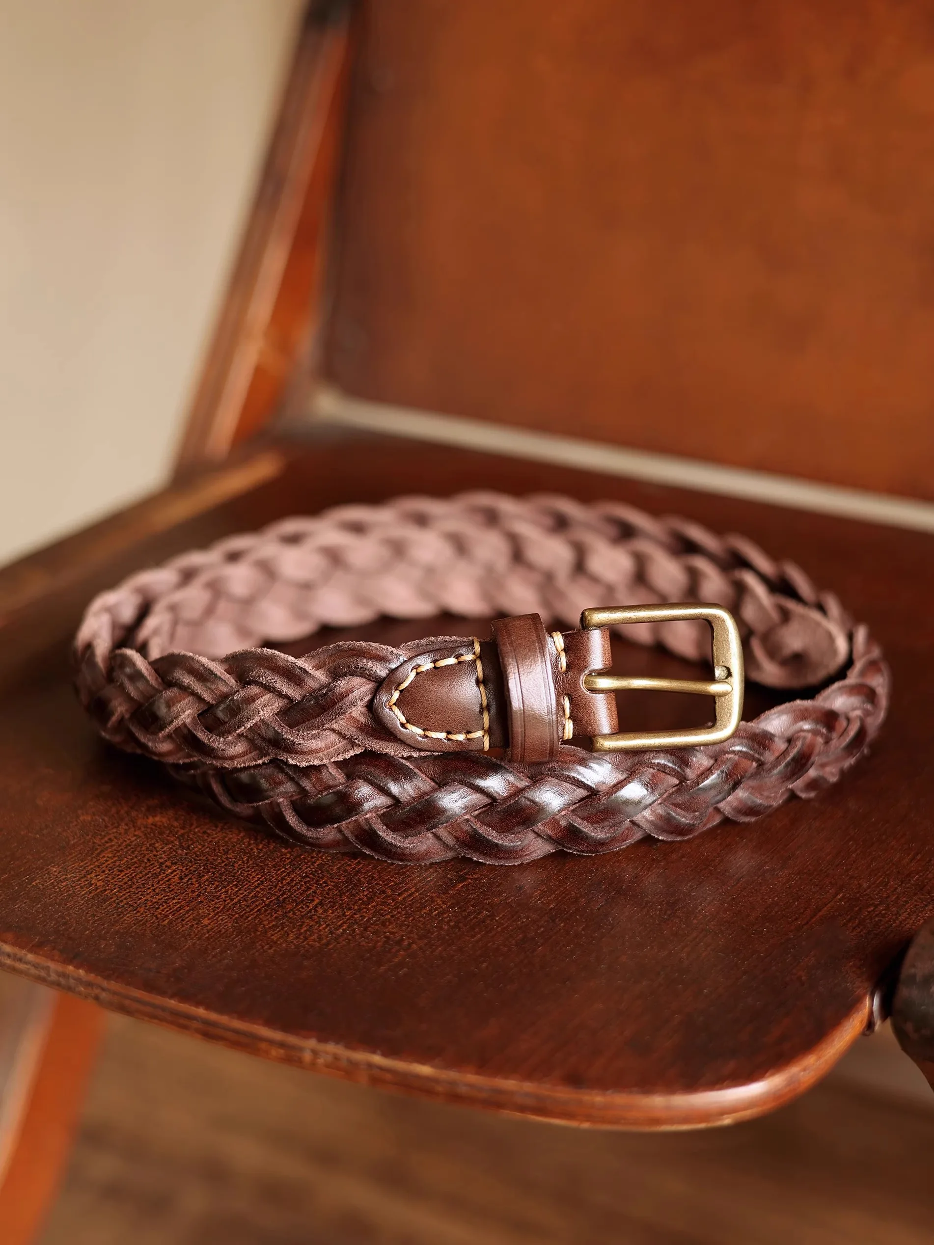 レトロウォッシュド手織りレザーベルト銅バックルなめし牛革多用途ソフトウエストベルト3cmカジュアルアウトドアユニセックス