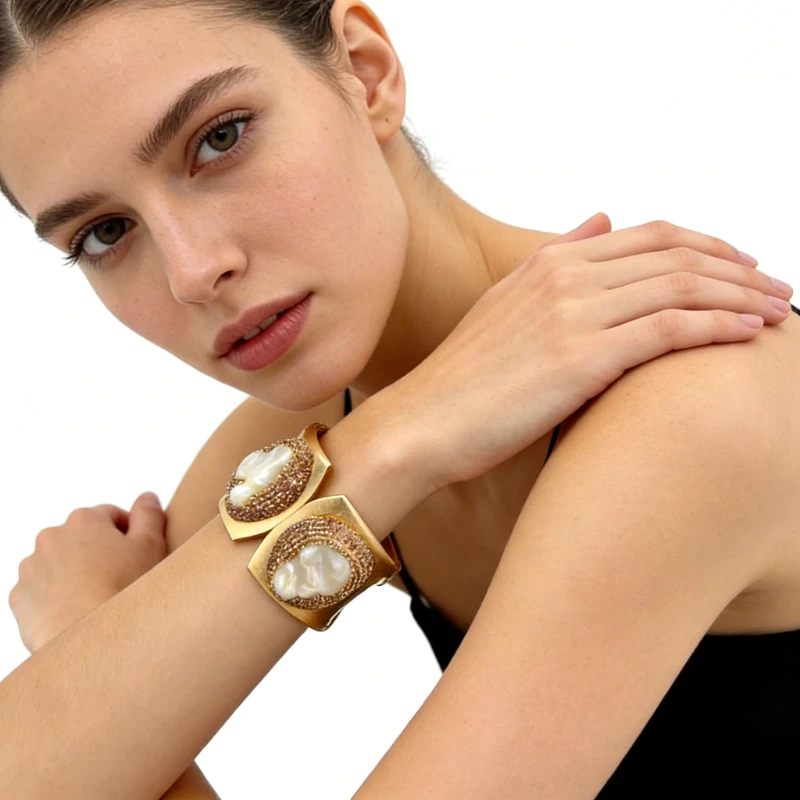 Premium Wide Band Baroque Pearl Bracelet – Chakra Healing Energy Jewelry for Mind Body Balance