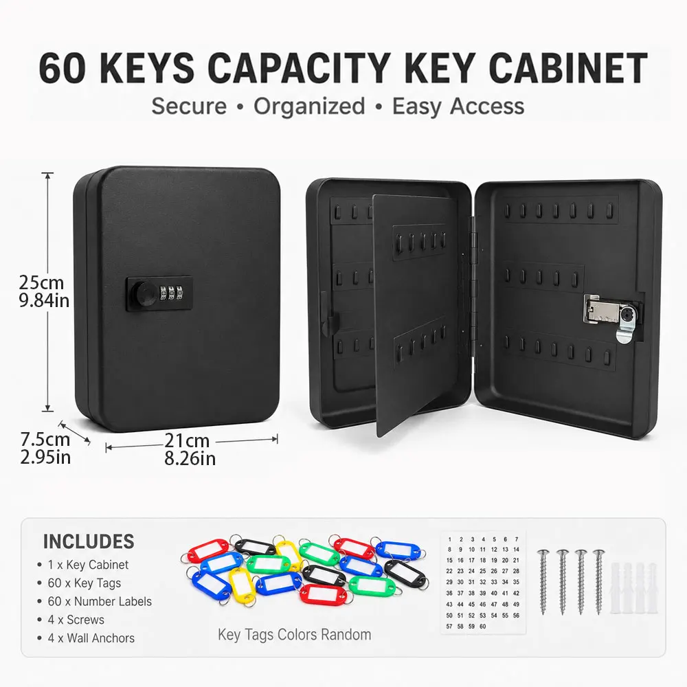 3-Digit Combination Lock Key Box, Wall-Mounted Metal Key Box with 60 Colored Key Tags and Numbered Labels, Easy to Install.