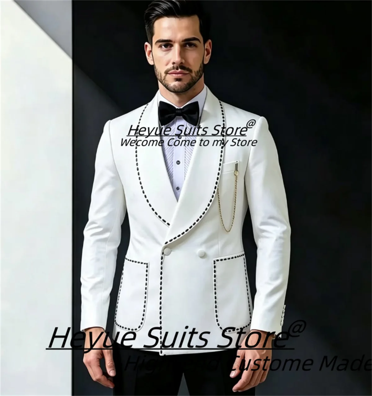 Elegant White Men Suits Customized Stitched Piping Peak Lapel Double Breasted Groom Wedding Tuxedos 2 Pieces Sets Ropa Hombre