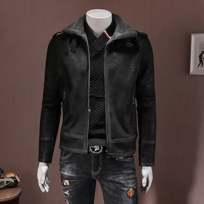 2023 Autumn Winter Men Fashion Bomber Shearling Aviator Leather Jacket Vintage Biker Motorcycle Leather Jackets Warm Coats