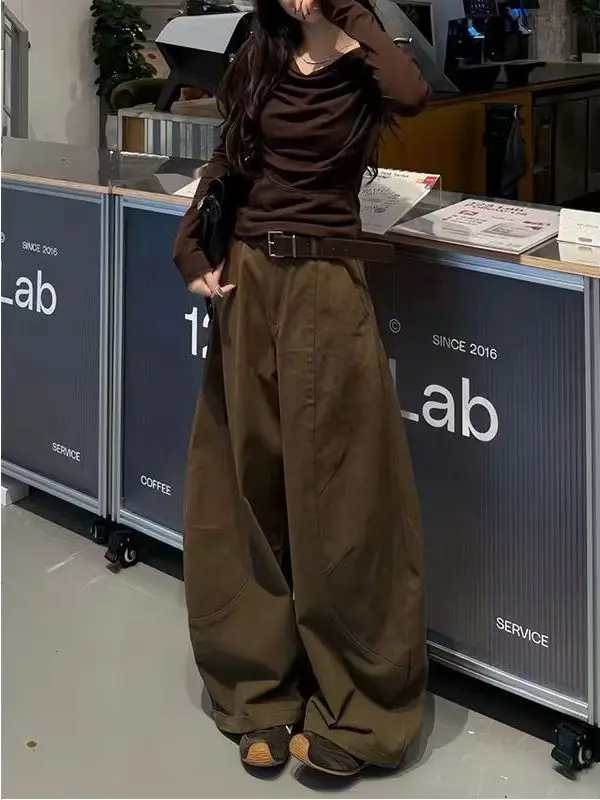 

Широкие джинсы с высокой талией, женские пряные девушки, американский ретро кофейного цвета, повседневные свободные длинные брюки, модные