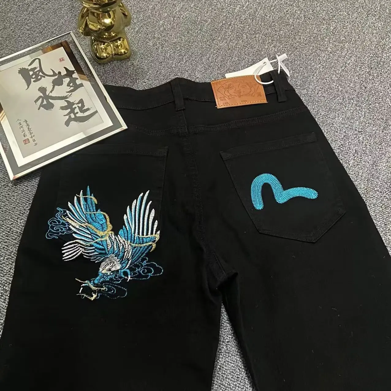 

American High Street M Embroidery Elastic Bla Jeans Men's Faion Sensation Slim Fit Small Foot Straight Leg Pants