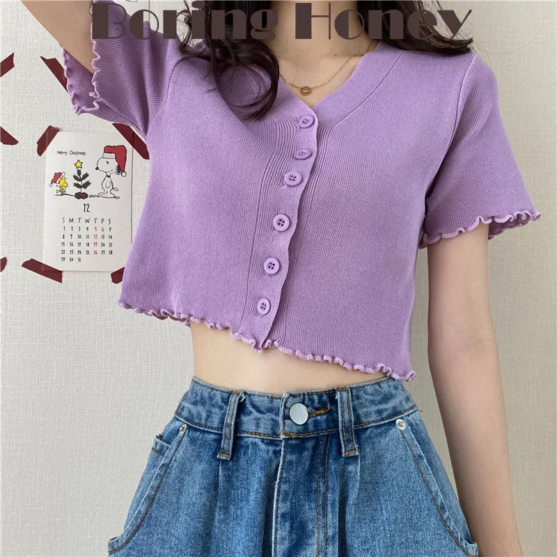 

Boring Honey Summer Clothes For Women Single-Breasted V Neck Chic Short Women's T-Shirt Knitting Short Sleeves Hemming Tops