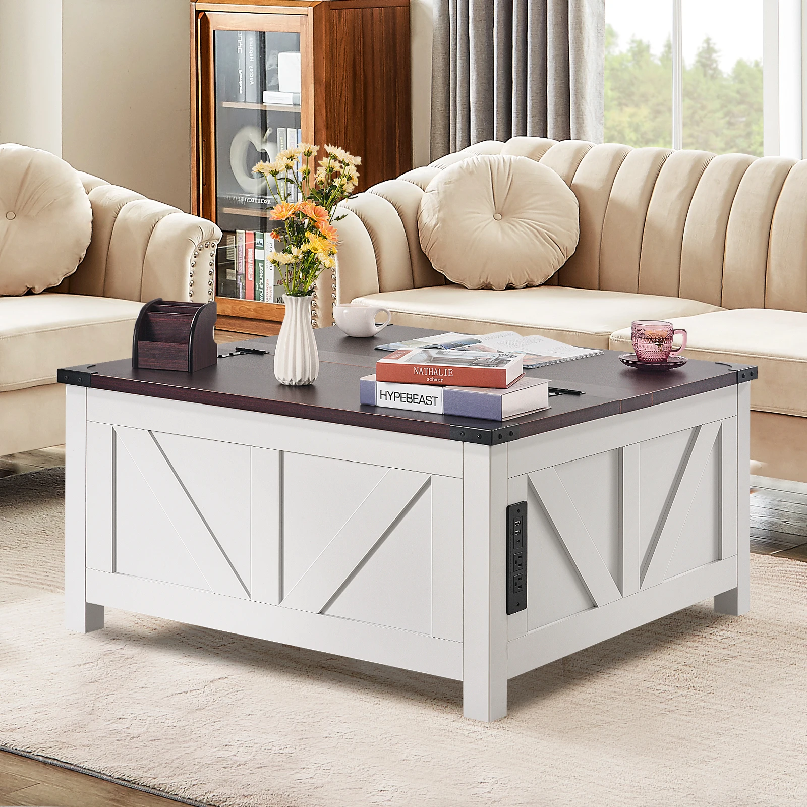 VEVOR 36" Farmhouse Coffee Table, Hinged Lift Top Square Coffee Table with Built-in Power Strip, Wooden Rustic Cocktail Table