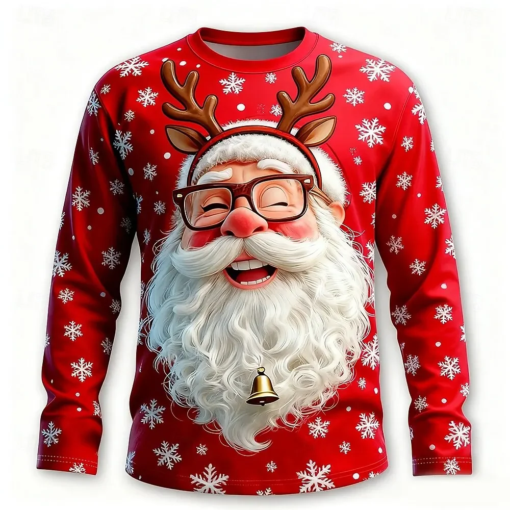 Men Polyester Long Sleeve T-shirt 3D Print Crack Wall Santa Claus Break Through Christmas Graphic Crew Neck Tops