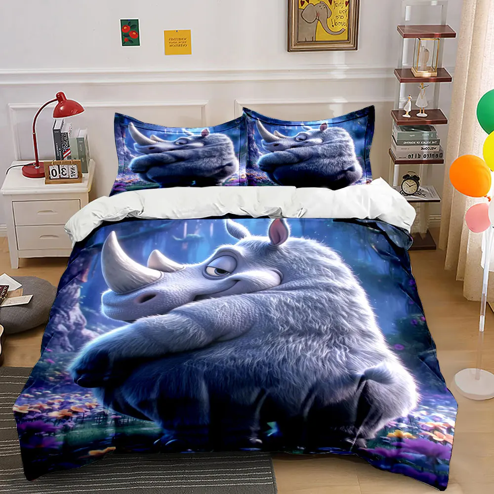 Charming rhino in magical forest Print Bedding Set 1 Duvet Cover 2 Pillowcases for Adult and Children Luxury Gift Full Size
