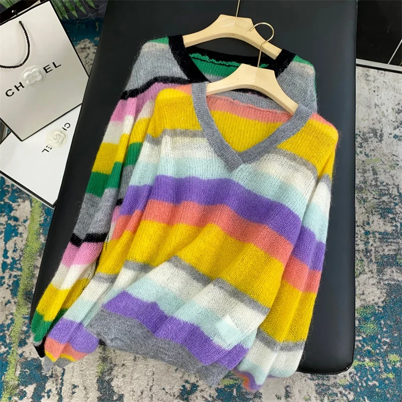 

Soft Rainbow Striped Knitted Sweater Wool Blend V-Neck Long Sleeve Comfortable Casual Style Fashionable Winter Essential