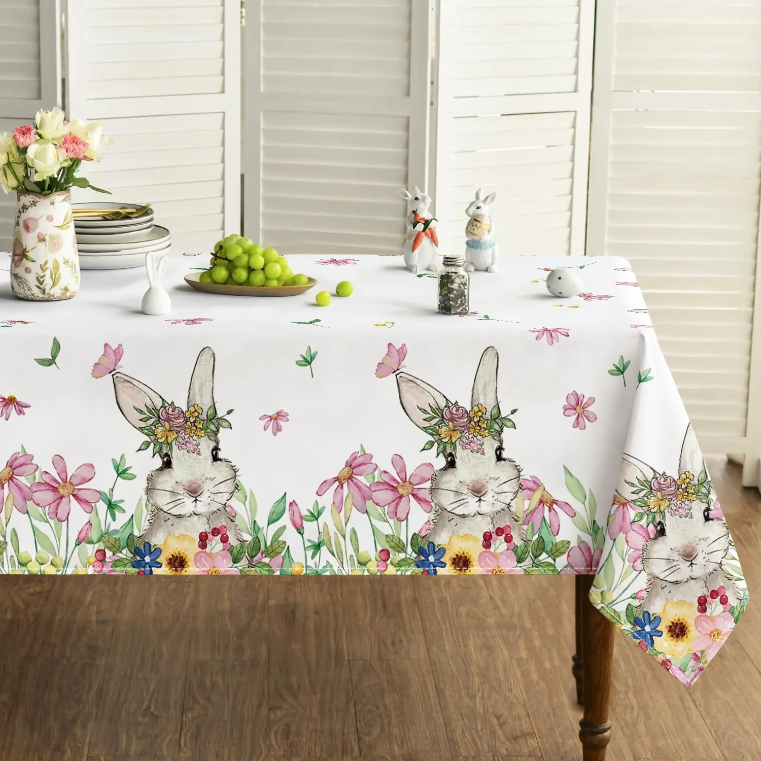 Easter Bunny Flower Waterproof Tablecloth for Dining Table Decor Washable Spring Floral Rectangle Table Cloth Easter Decorations