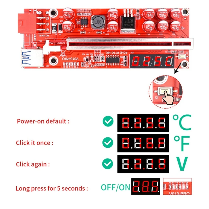 PCIE Riser para Bitcoin Miner, Pro Card 013, PCI Express, Extensor 1X a 16X, USB 3.0, Cabo 6Pin, Placa de Vídeo, GPU