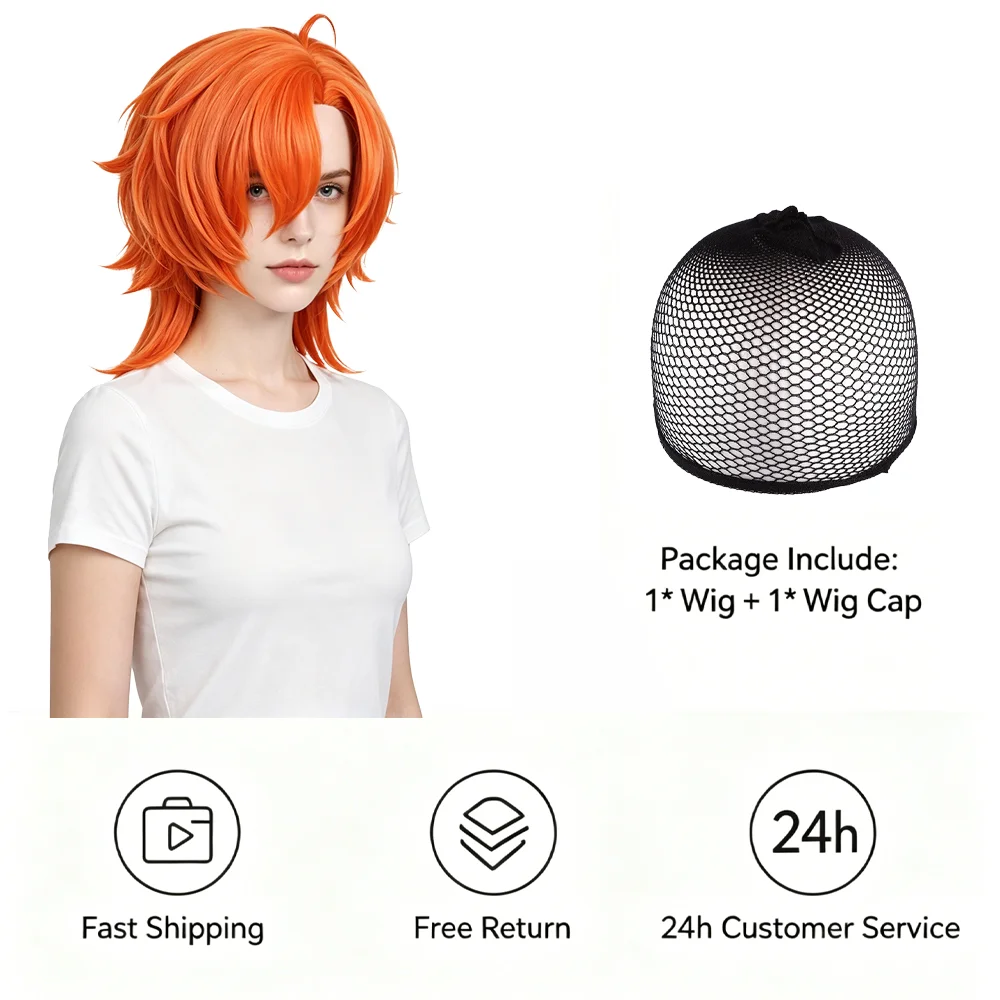 

Vibrant Orange Red Short Cosplay Wig Spiky Layered Wolf Tail Heat Resistant Synthetic Hair Unisex Halloween Costume Party Wig