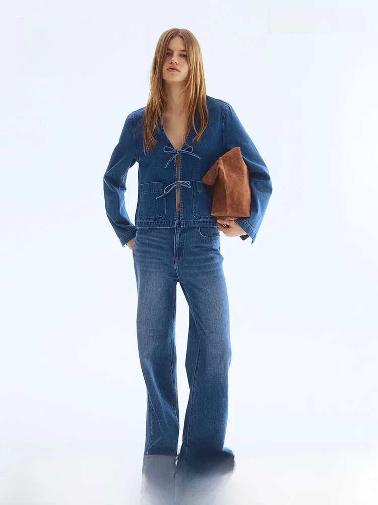 

H&M Новая летняя женская джинсовая куртка с бантом спереди, хлопковая укороченная куртка, простой стиль, стандартная версия, весенняя коллекция