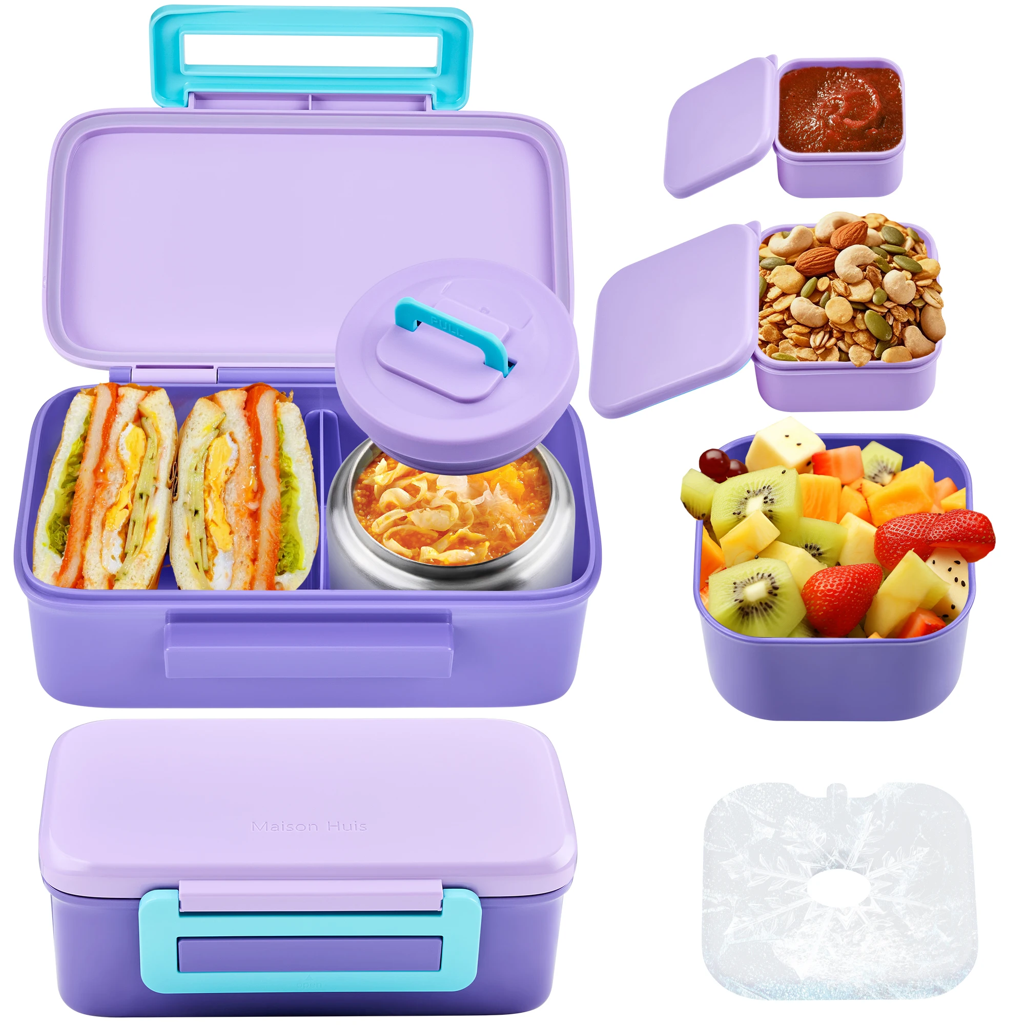 Compact Lunch Box Set with 8oz Insulated Container Snack Container Sauce Container Storage Bowl Double Compartment Ice Tray BPA