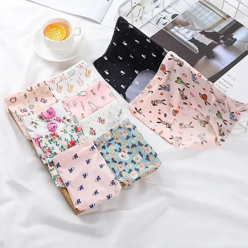 Ice silk print female cute milk silk panties sexy low waist sweet cotton file student breathable briefs new colorful flowers