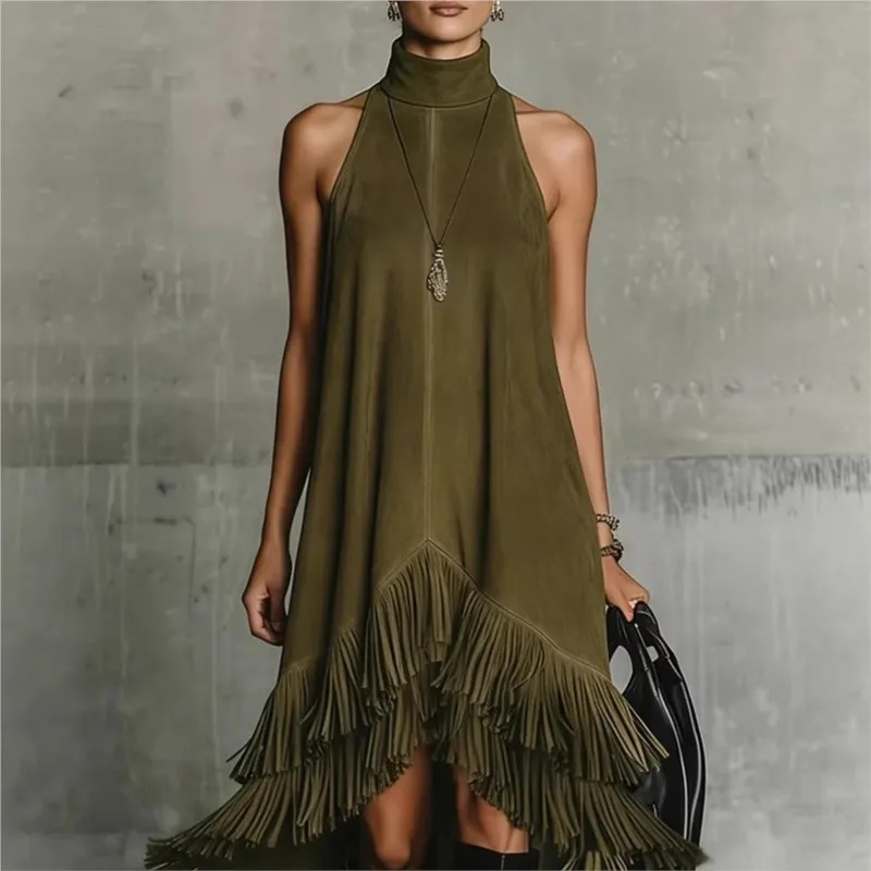 

American Retro Women's Olive Green Suede Halter Dress Summer Sleeveless Fringe Asymmetrical Hem Midi Dress Loose Vest Dress