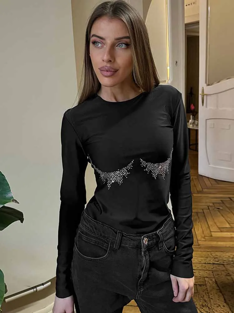 BKQU Strass Sexy Slanke Lange Mouw T-Shirt Vrouwen Basic Ronde Hals Cropped Tops 2025, Herfst Elegante Club Party Kleding Tees