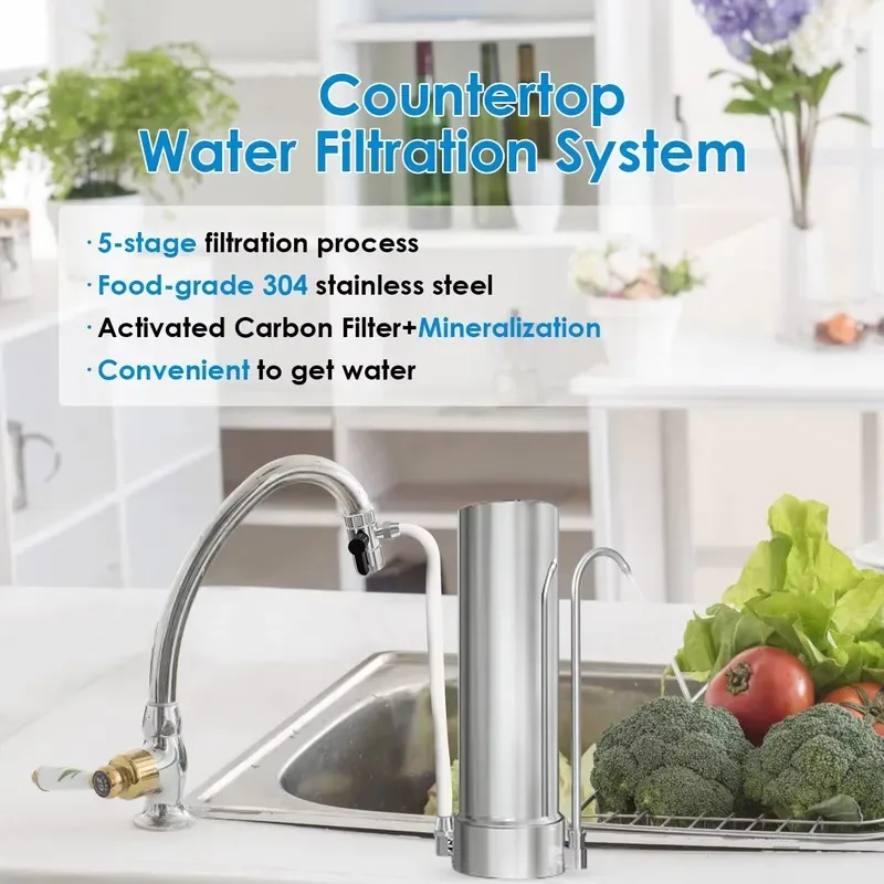 Countertop Water Filter System - 5-Stage Stainless Steel Faucet Water Filter for - Water Purifier With KDF