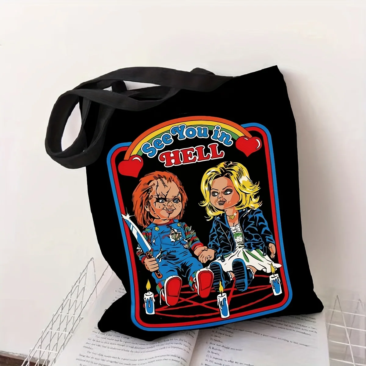 Halloween Funny Cartoon Horror Movie Tote Bag, Large Capacity Canvas Shoulder Bag, Perfect Halloween Festival Shopping Bag