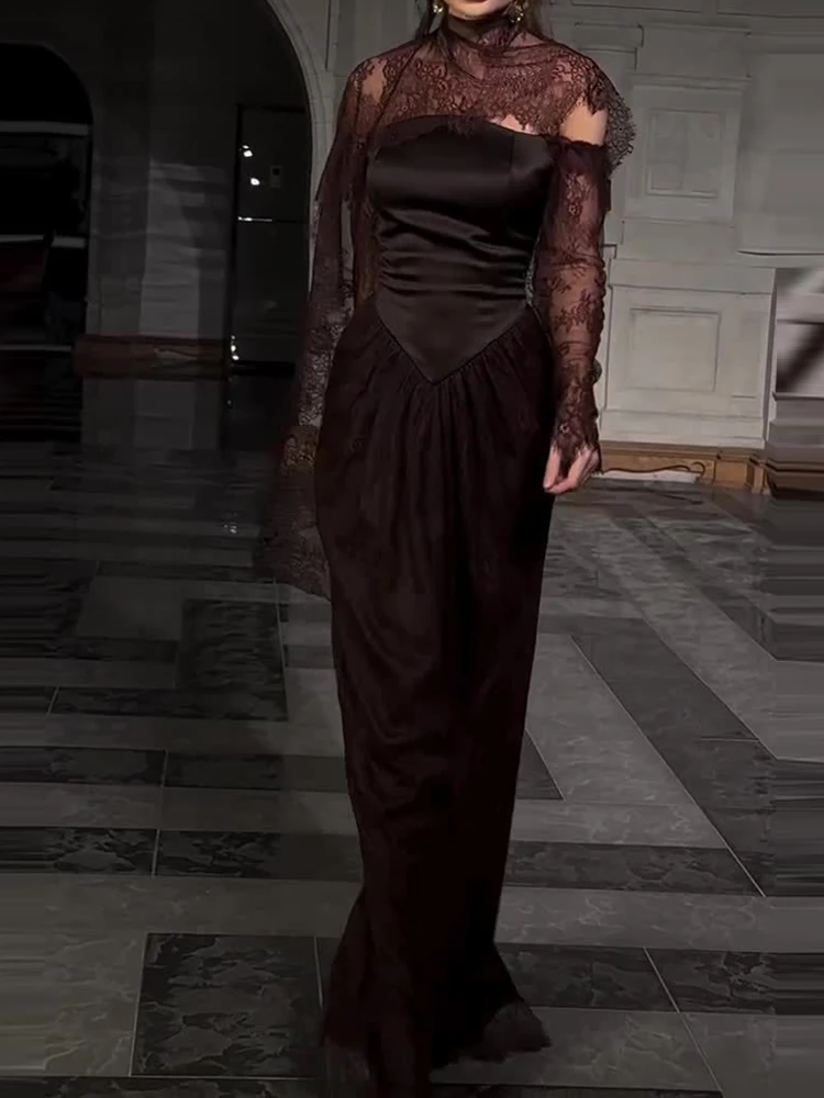 Dame elegante kant hoge kraag avondjurk sexy zijsplit toga's feestjurk mode hoge taille gedrapeerde slanke vloerlengte jurk