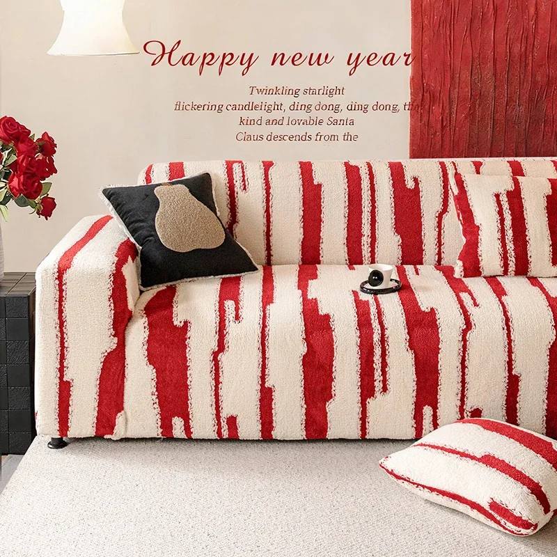 Striped Contrast Polar Fleece Sofa Cover Red Elastic Plush Couch Slipcover for Office Living Room Furniture Protector for Winter