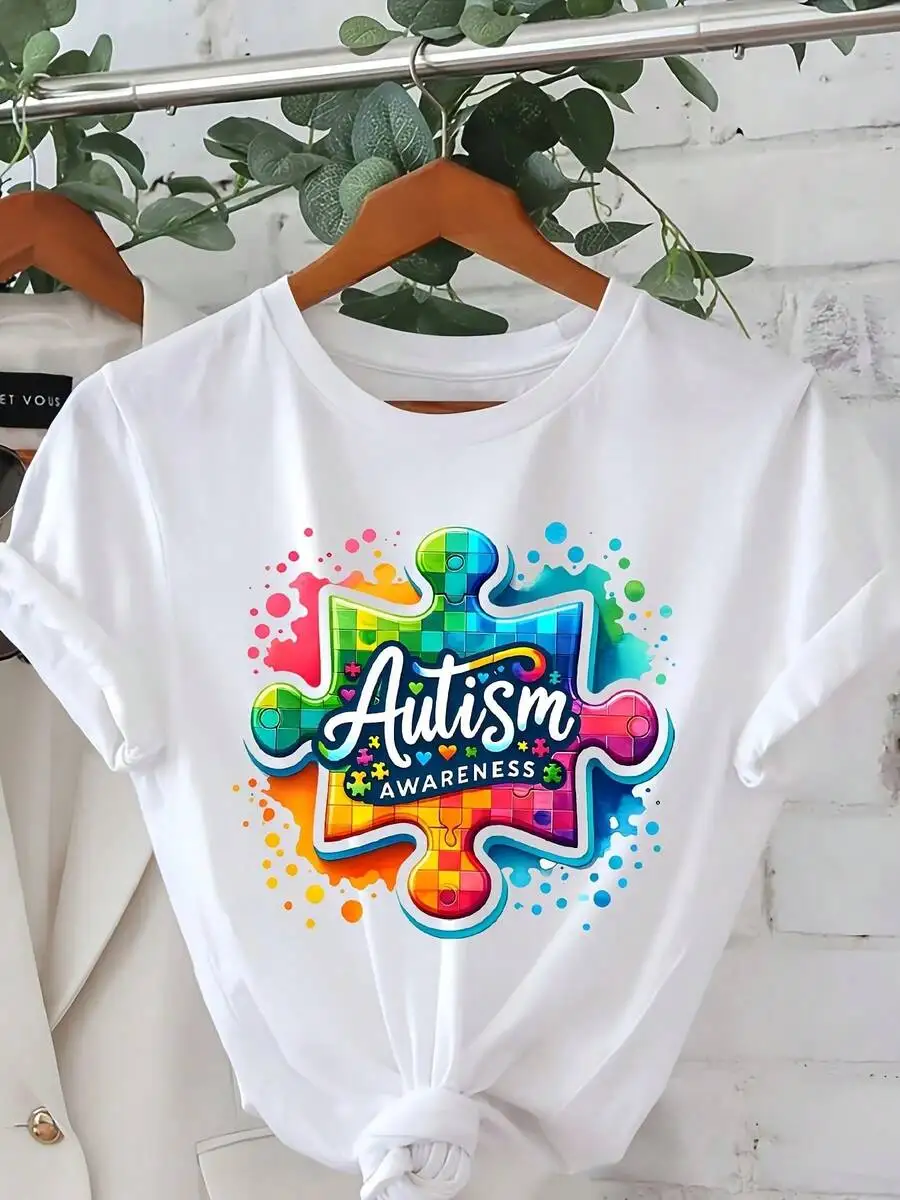Graphic T-Shirt For Women'S Autism Awareness - Bright Turquoise Casual Short Sleeve Round Neck Top Featuring A Colorful Puzzle Design, Machine Washable Summer And Spring Clothing For Casual Wear And Advocacy Events, Awareness Clothing