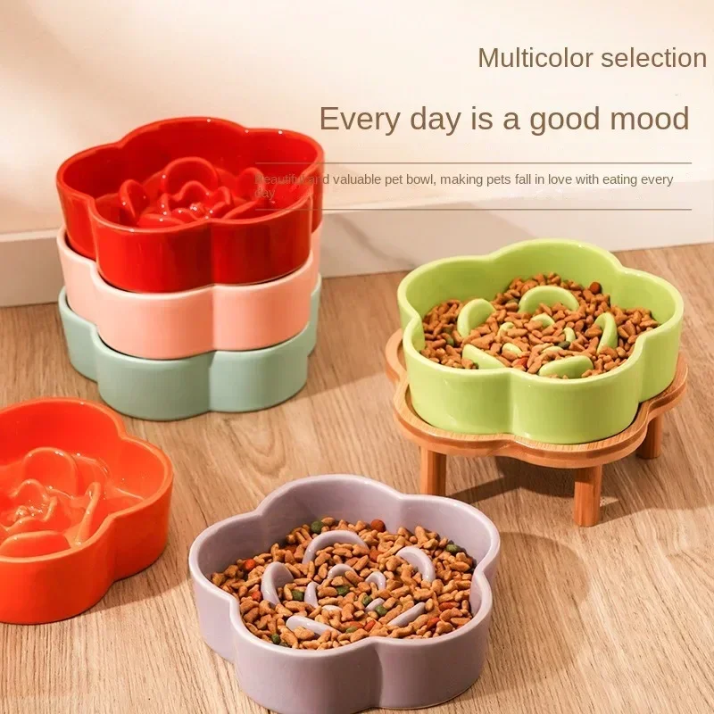 Ceramic Slow Food Bowl Anti-choking Cat Feeding Basin To Prevent Black Chin Small Dog Cat Neck Guard Wooden Frame Slow Food Bowl