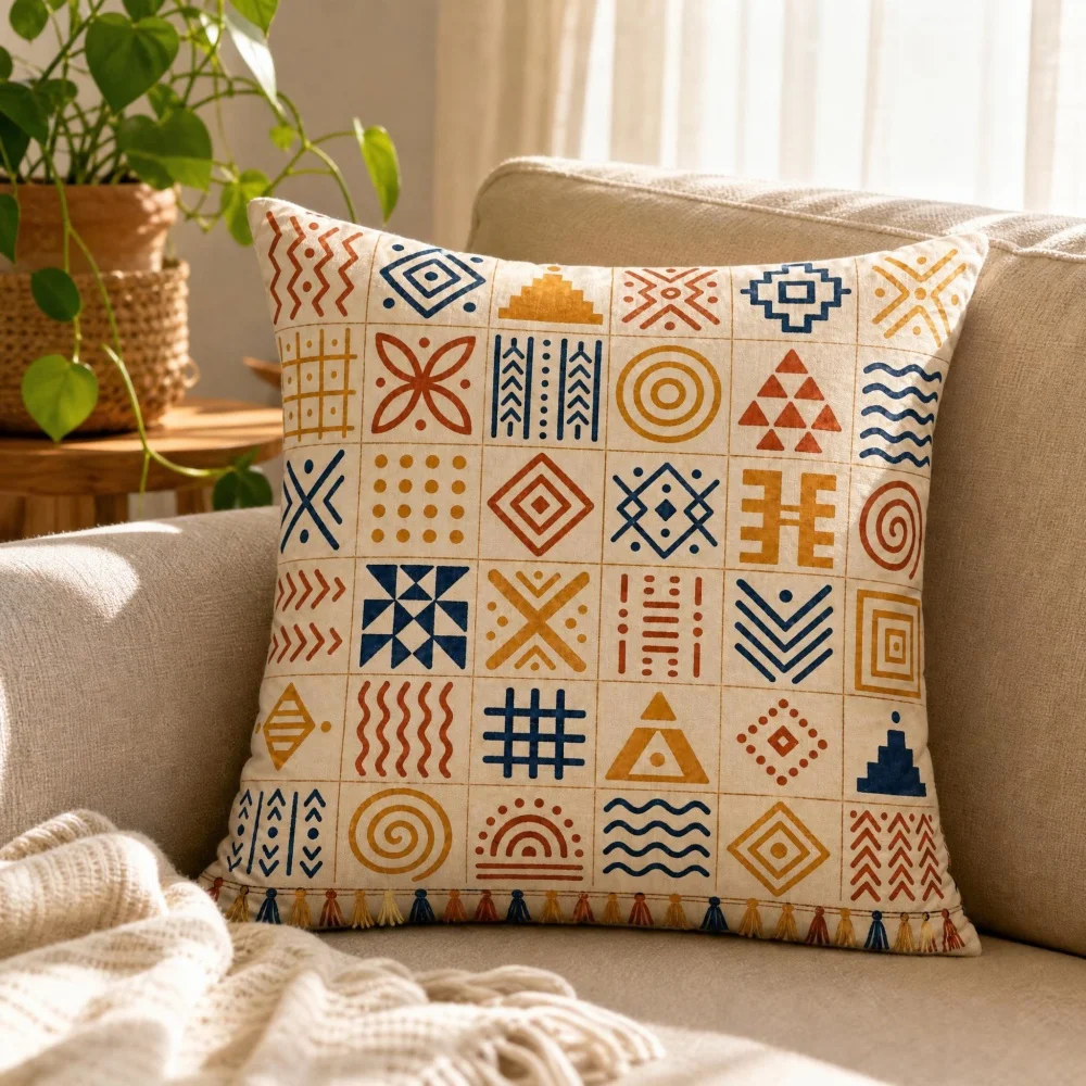 Boho Tribal Geometric Grid Print Throw Pillow Cover Earth Tone Square Tassel Edge Sofa Cushion Case Farmhouse Home Decor