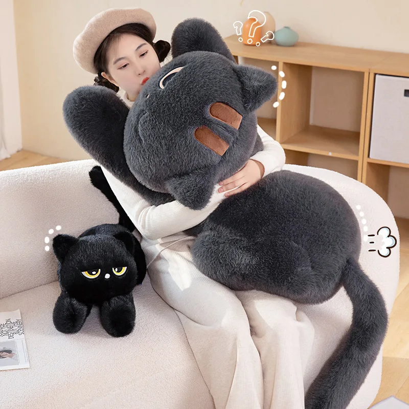 Almohada de felpa de gato negro de 60-120cm, cojín de gato tumbado de peluche suave, bonito diseño de gato durmiente, Idea de regalo de cumpleaños encantadora para amantes de los gatos